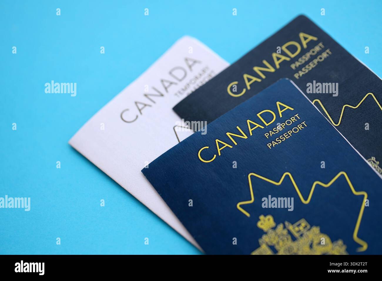 Passaporti canadesi sul tavolo da vicino. Libri di documenti di identificazione ufficiali per i cittadini del Canada. Concetto di viaggio e turismo Foto Stock