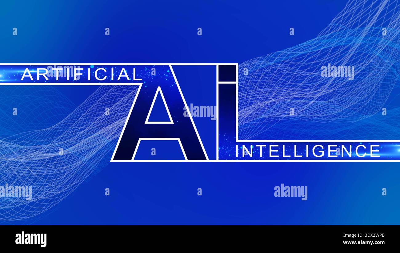 Design del logo lettera AI - presentazione astratta con testo intelligenza artificiale - design semplice sullo sfondo delle onde della griglia - illustrazione 3D. Foto Stock
