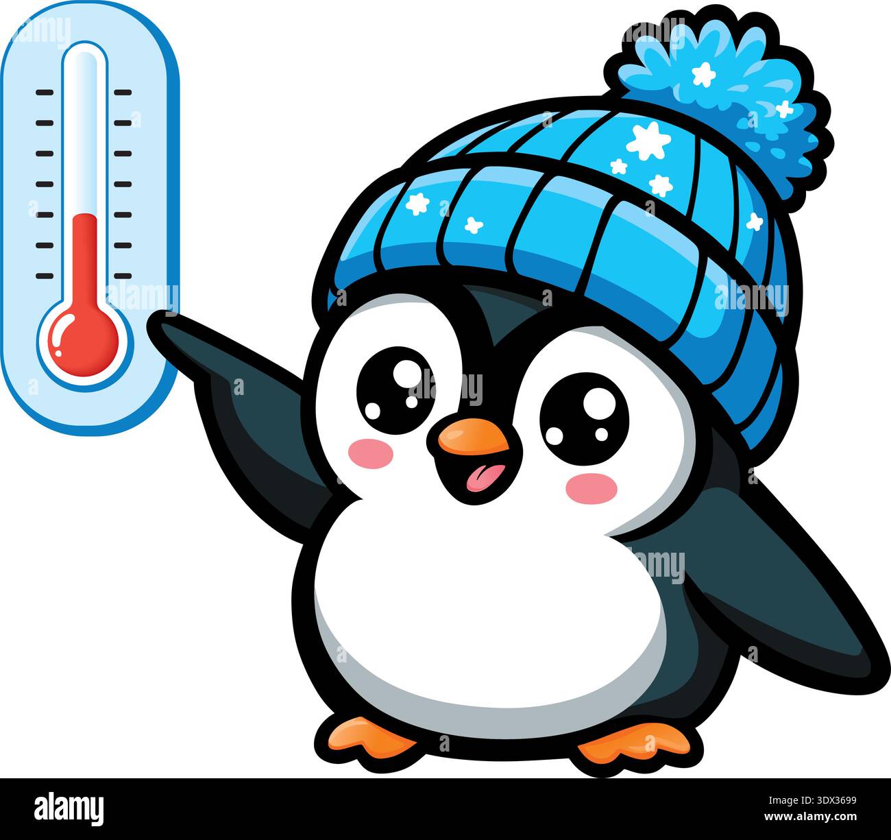 Carino illustrazione vettoriale di un pinguino felice che indossa un cappello invernale blu e punta verso un termometro isolato su sfondo bianco. Illustrazione Vettoriale