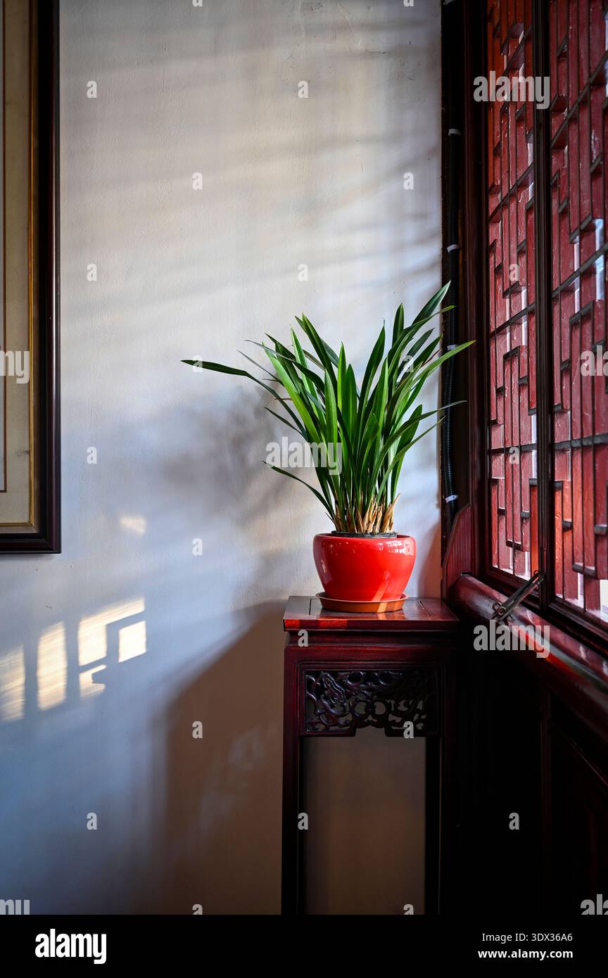 Camera cinese con interni tradizionali e piante domestiche, immagine verticale Foto Stock