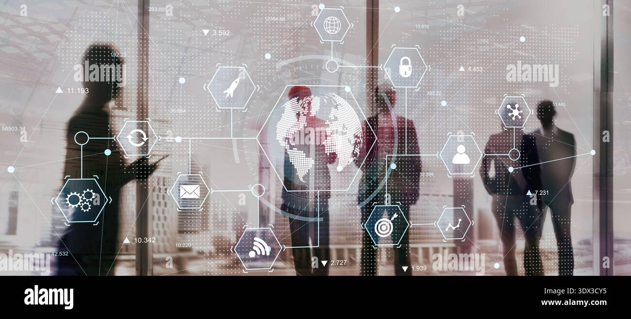 Proteggete l'infrastruttura aziendale globale con le reti di dati digitali e la protezione informatica. Foto Stock