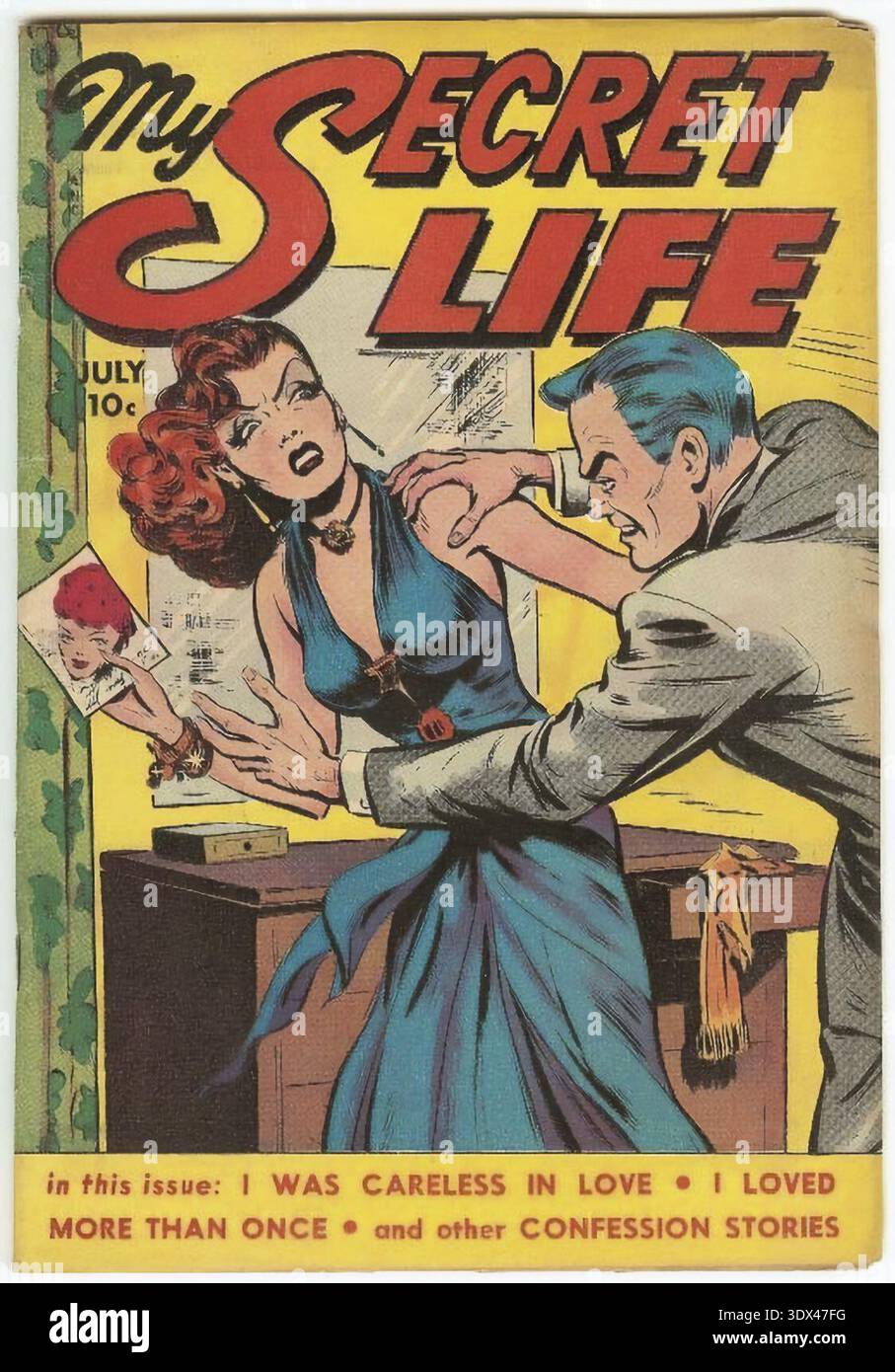 Una copertina di un fumetto vintage intitolata "My Secret Life" raffigura una scena tesa con un uomo che afferra il braccio di una donna mentre tiene una fotografia Foto Stock