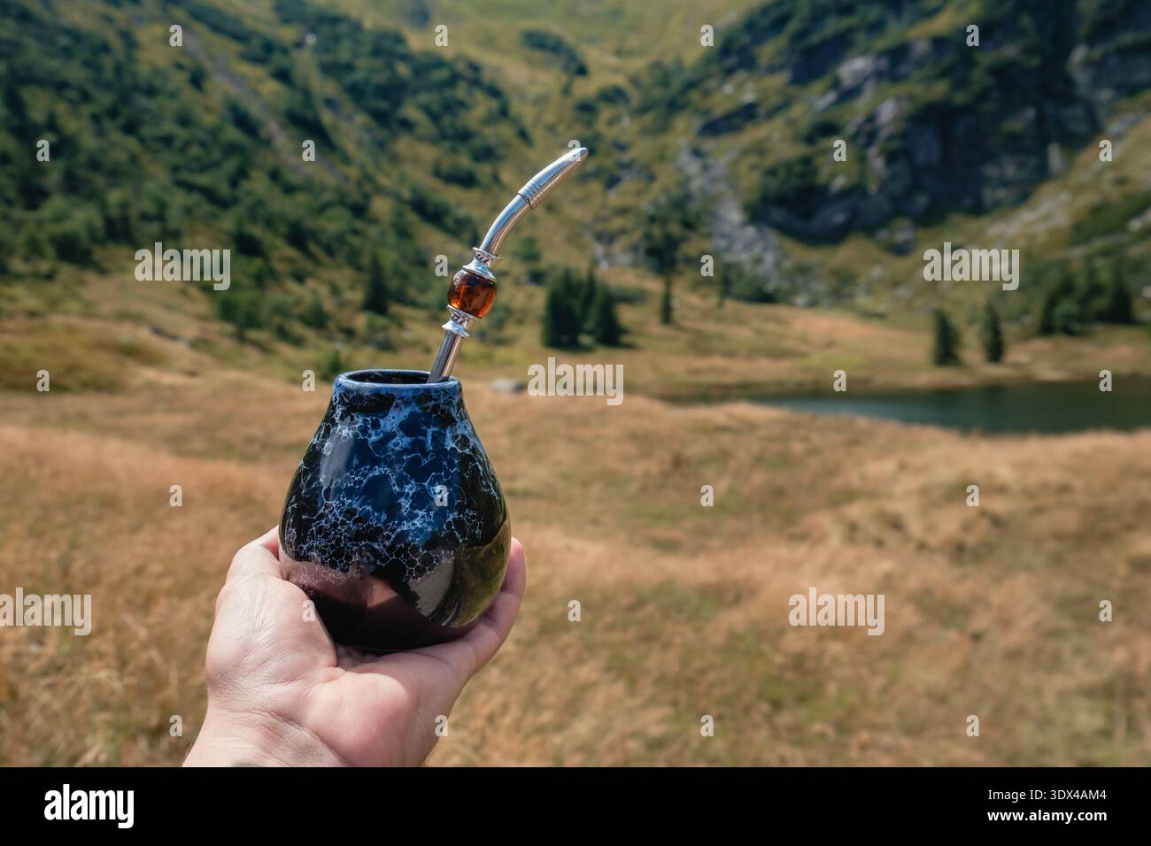 Momenti di relax con Yerba Mate nella incontaminata Valle Alpina e Lago di montagna Foto Stock