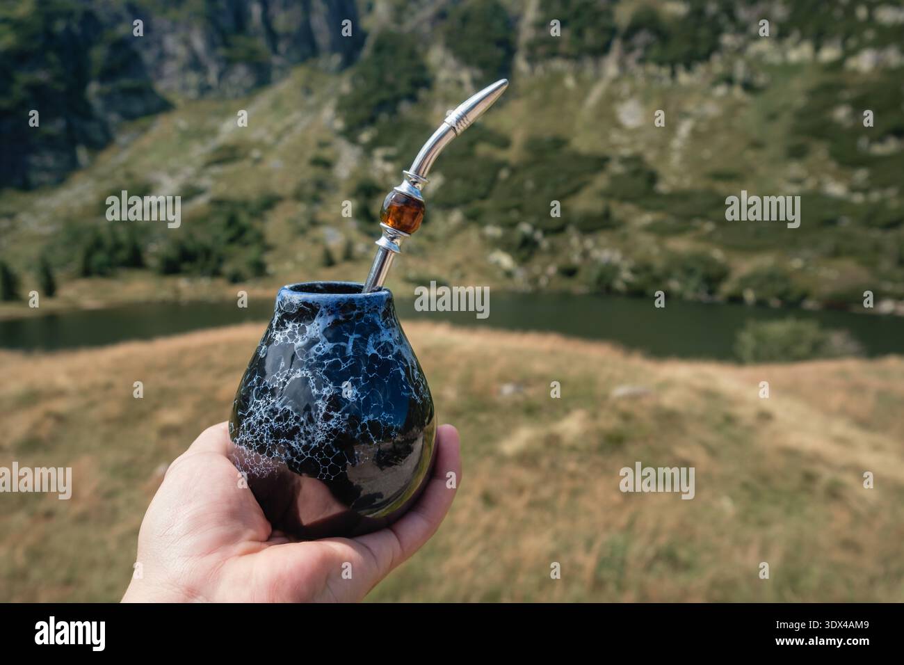 Rituale Yerba Mate all'aperto: Bombilla e Calabash in un paesaggio montano mozzafiato Foto Stock