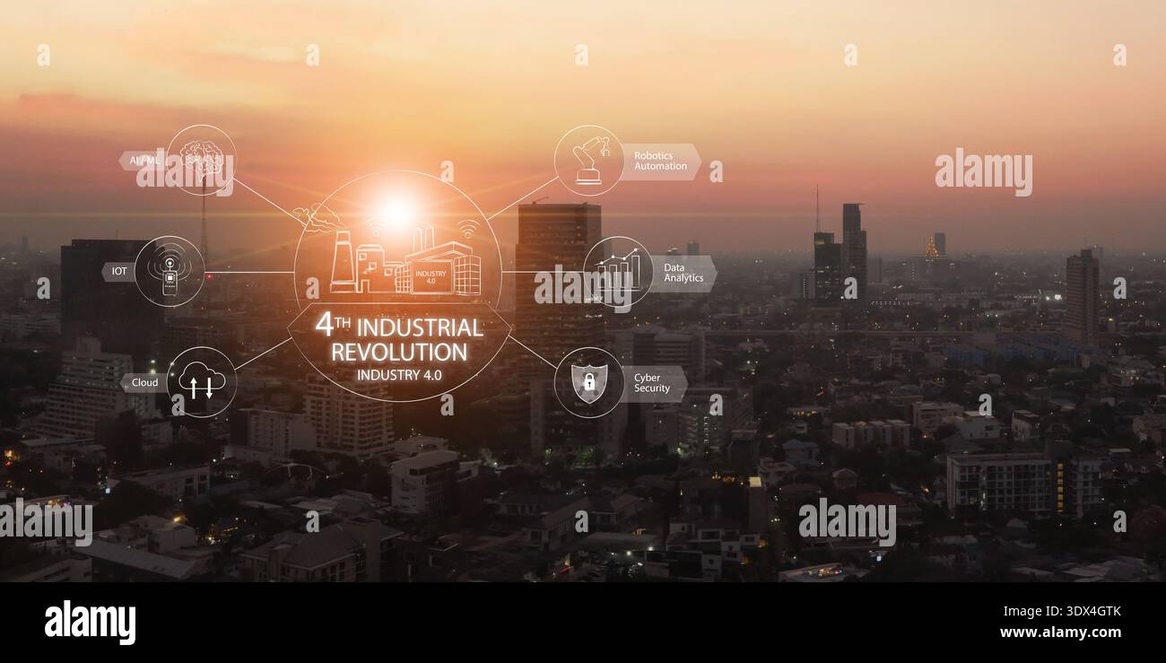 Quarto concetto di rivoluzione industriale. Icona tecnologica avanzata di intelligenza artificiale, IoT, automazione robotica, tecnologia cloud, sicurezza informatica, analisi dei dati su ci moderni Foto Stock