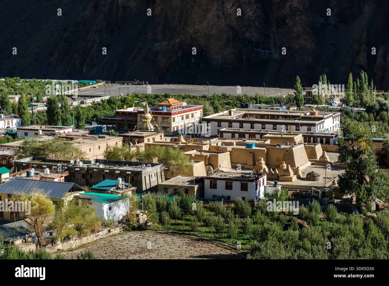 Vista ad alto angolo dello storico monastero di Tabo e degli edifici del villaggio, situati contro le ripide pareti rocciose della valle di Spiti. Foto Stock
