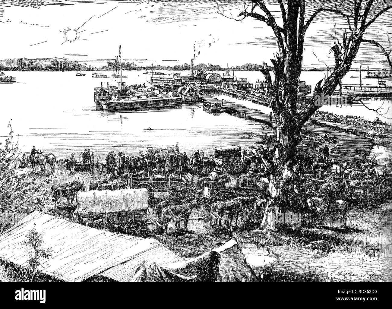 Deposito di rifornimenti dell'Union Army a Belle Plain sul fiume James durante la guerra di secessione americana, mostrando operazioni logistiche a supporto delle forze dell'Unione Foto Stock
