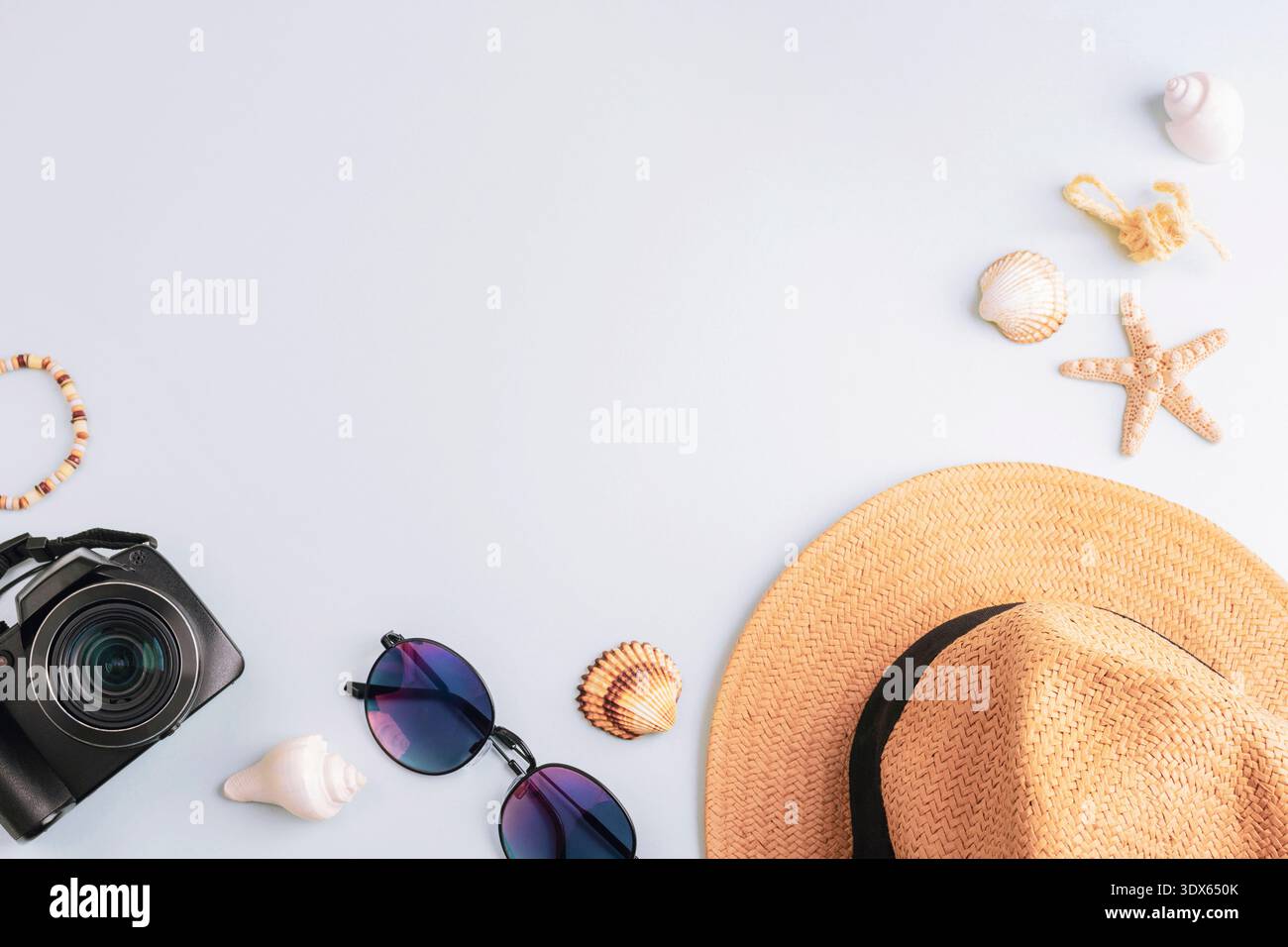 Accessori da spiaggia estivi con cappello di paglia, macchina fotografica, occhiali da sole e conchiglie su sfondo blu pastello. Vista dall'alto, disposizione piatta, spazio di copia. Foto Stock