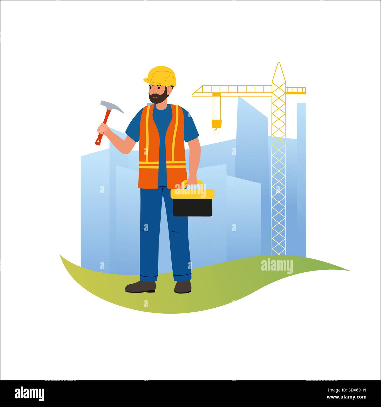 Operaio edile. Uomo con casco giallo con attrezzi in mano sullo sfondo di grattacieli in costruzione. Illustrazione Vettoriale