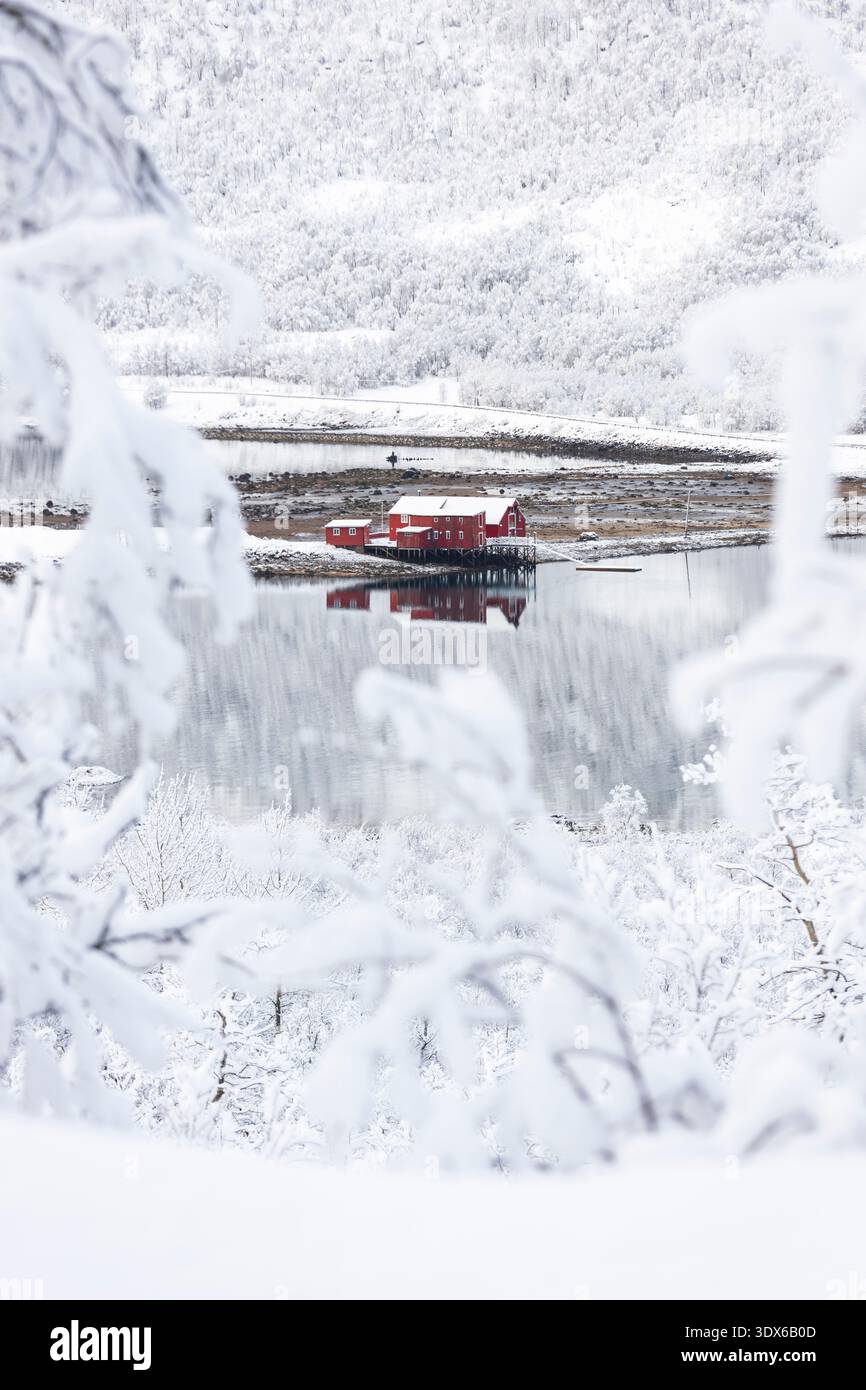 Vista di una tipica casa rossa di pescatori in Norvegia dopo una nevicata. Norvegia, Nord Europa. Foto Stock