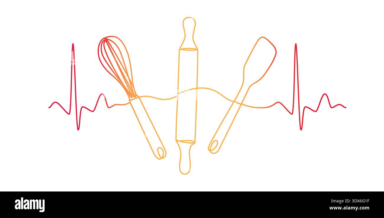 Una linea che traccia il battito cardiaco combinato con utensili da forno: Mattarello, frusta e spatola di gomma. Illustrazione Vettoriale