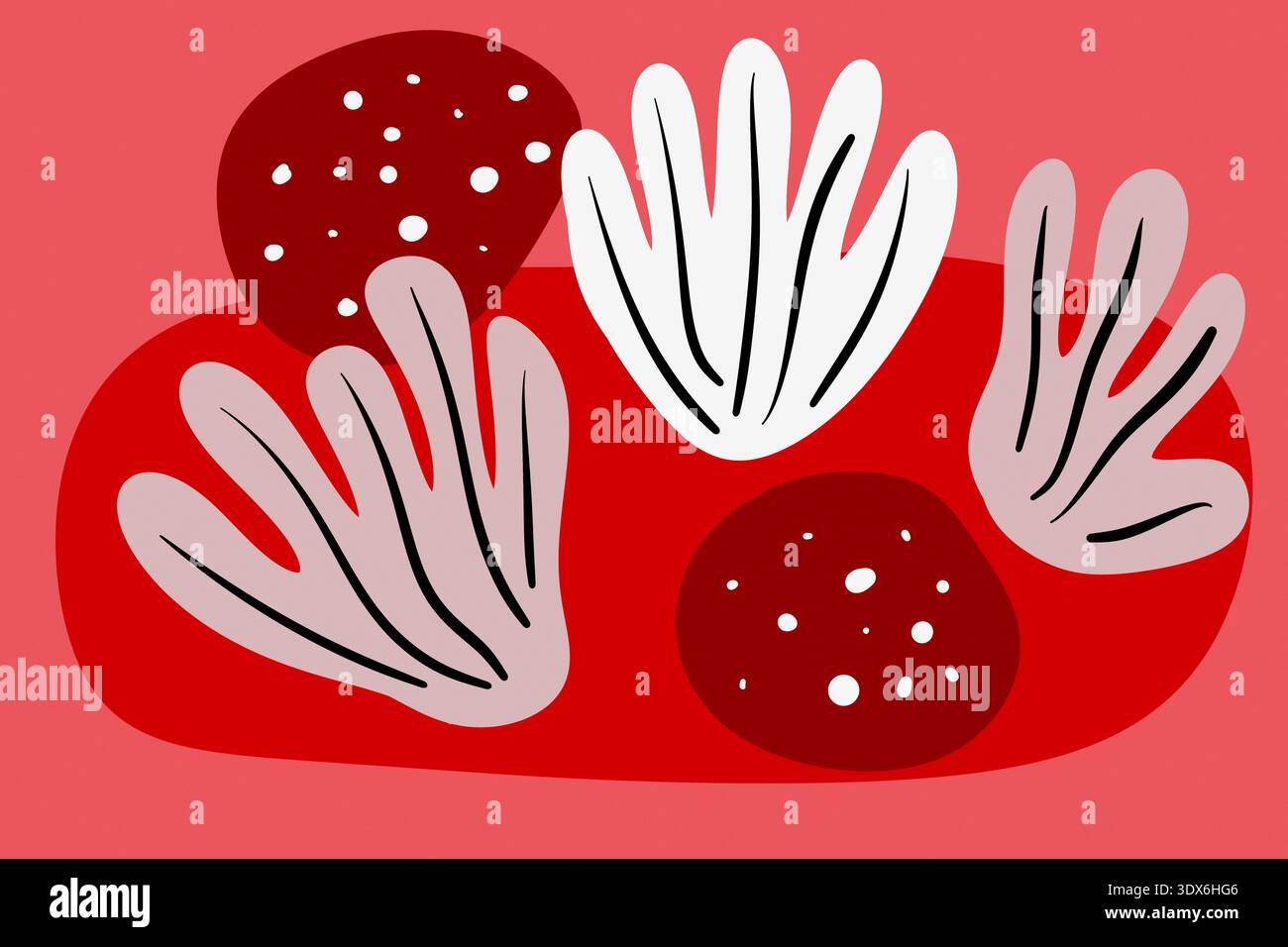Arte moderna astratta con forme floreali in rosso e bianco, con forme organiche e linee fluide. La composizione utilizza colori audaci per trasmettere un senso Foto Stock