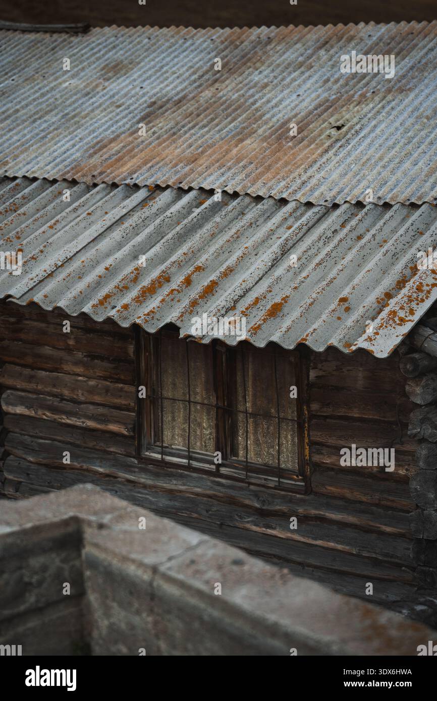 Affascinante cabina rustica in legno con tetto ondulato resistente agli agenti atmosferici. Il legno e il metallo testurizzati creano un'estetica vintage, evocando un senso di nostalg Foto Stock