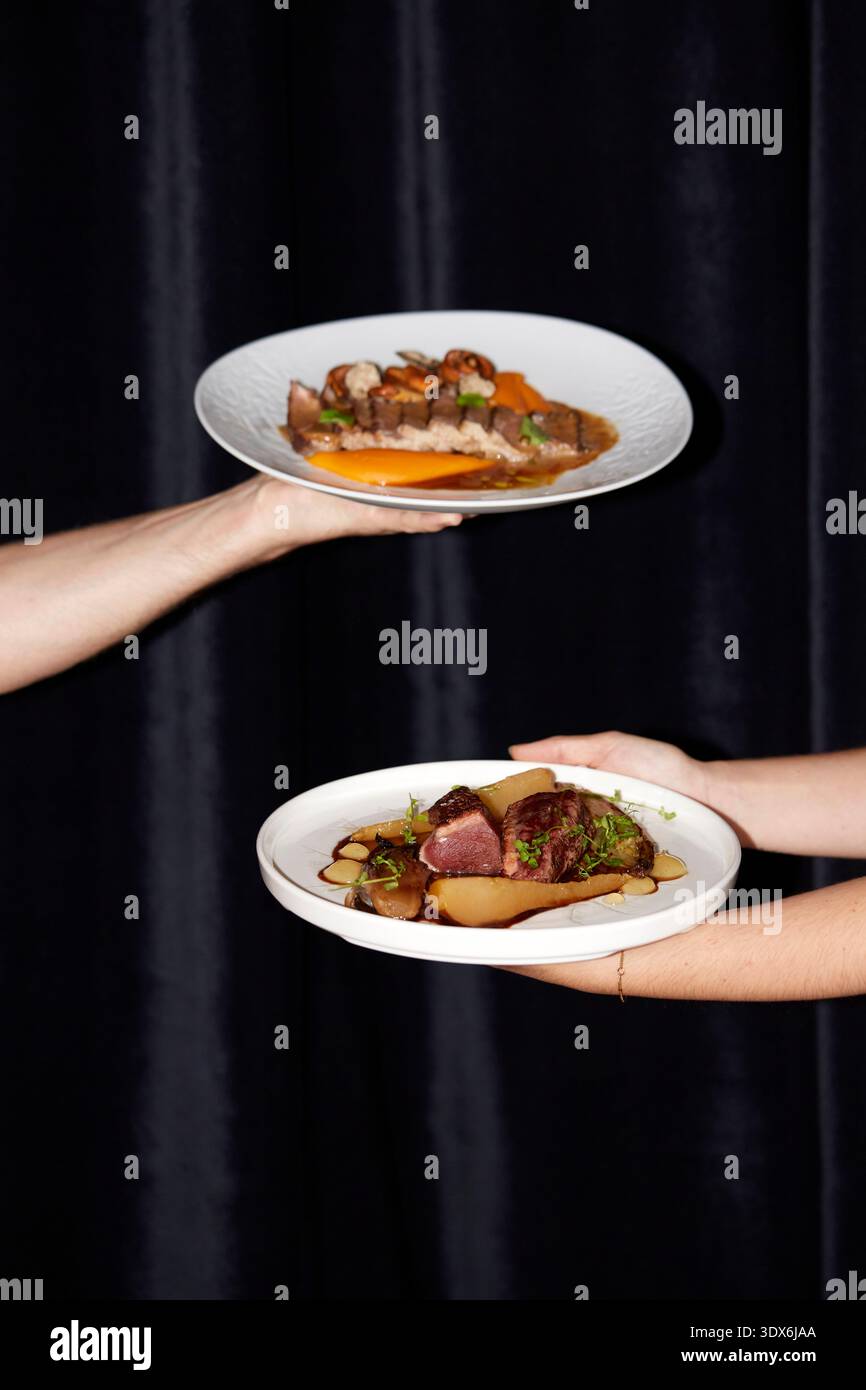 Due mani presentano piatti gourmet con placcatura artistica in un raffinato ristorante. Le creazioni culinarie presentano carne tenera e vegetale vivace Foto Stock