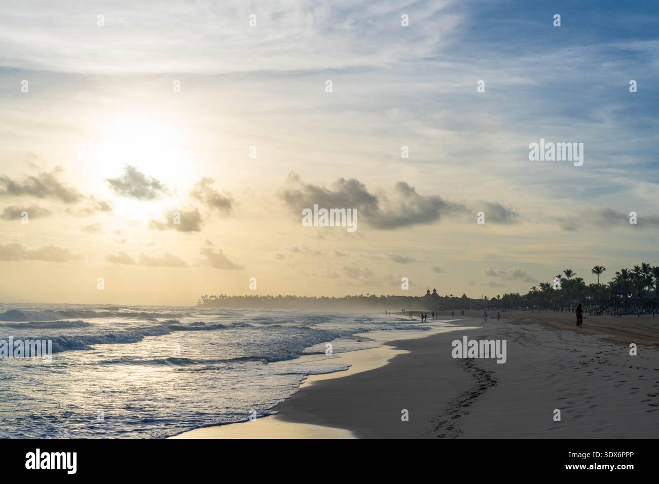 Alba sulla spiaggia con palme e ombre Punta Cana Repubblica Dominicana Foto Stock