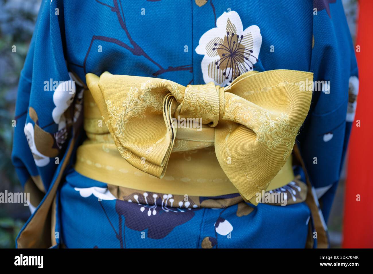 Oro Obi Bow su Kimono tradizionale, dettagli da primo piano Foto Stock