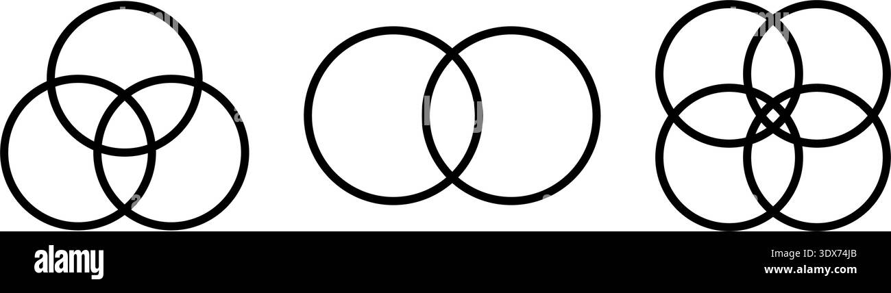 Set di modelli di diagramma Venn con 2, 3 e 4 cerchi intersecati isolati su sfondo bianco. Grafico statistico, presentazione, schema analitico o. Illustrazione Vettoriale