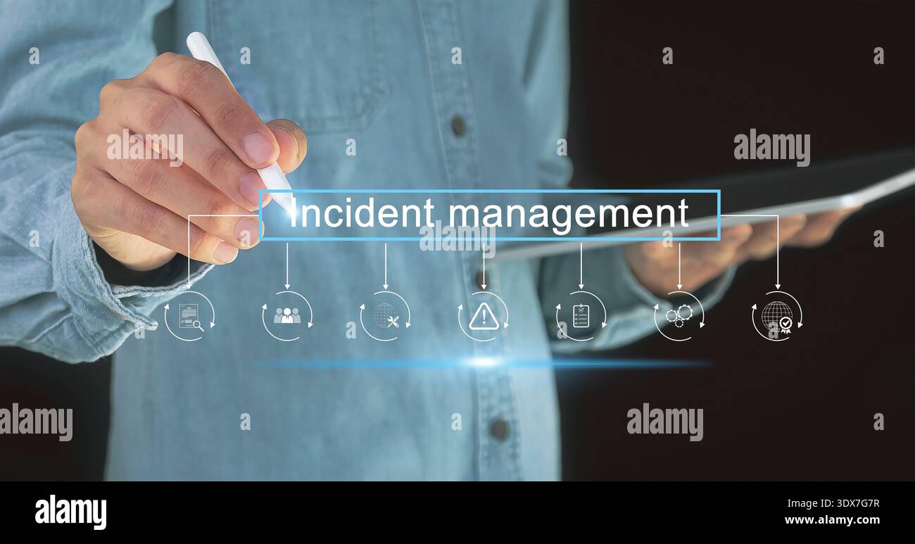 Gestione degli incidenti del concetto aziendale, l'uomo d'affari utilizza la tecnologia Gestione degli incidenti comunicazione digitale che enfatizza la riduzione dei rischi Foto Stock