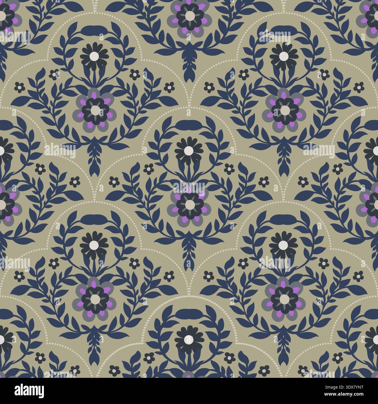 Elegante motivo Damasco con scallop floreale Navy Illustrazione Vettoriale