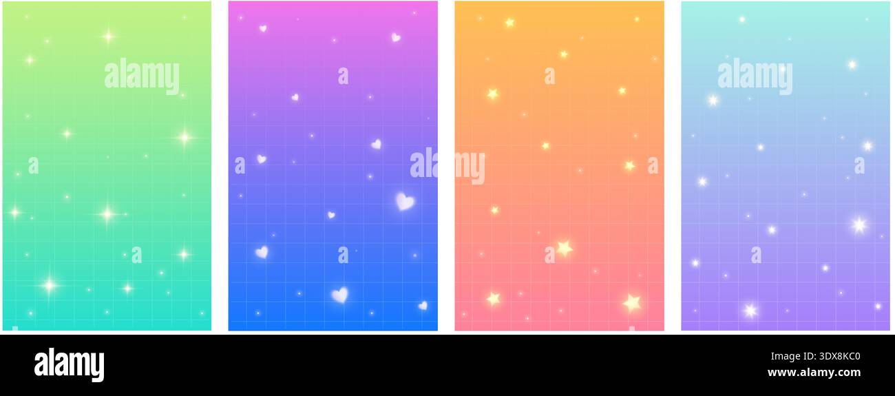 Sfondo gradiente Y2K con stelle pastello e simpatiche scintille kawaii. Fantasia olografica rosa da sogno con griglia geometrica e arcobaleno vibrante Illustrazione Vettoriale