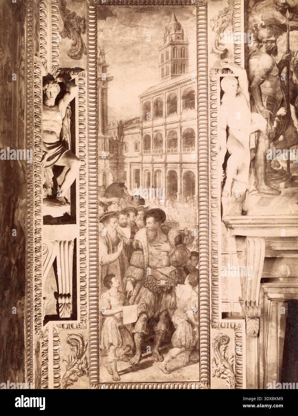 Ammiraglio Coligny ferito, affresco dipinto dall'artista italiano Giorgio Vasari, anni '1500 Foto Stock