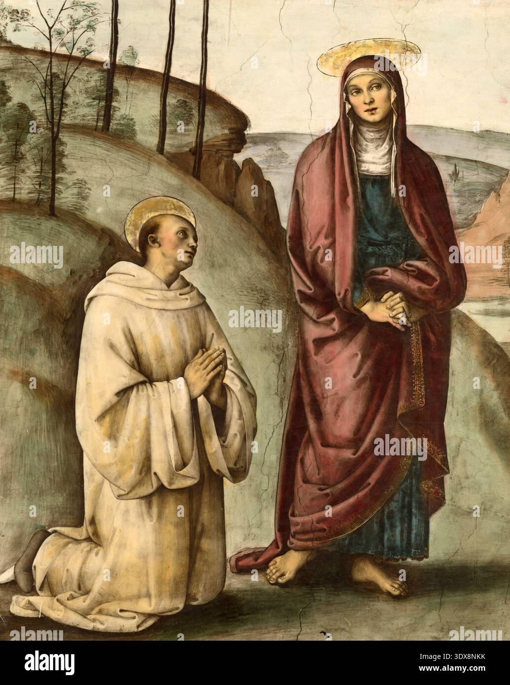 San Bernardo di Chiaravalle (nell'abito bianco cistercense) inginocchiato in adorazione davanti alla Vergine Maria, dettaglio della Crocifissione dei Pazzi, affresco dipinto tra il 1494 e il 1496 dall'artista rinascimentale italiano Pietro Perugino, Uffizi, Firenze, Italia 1900 Foto Stock
