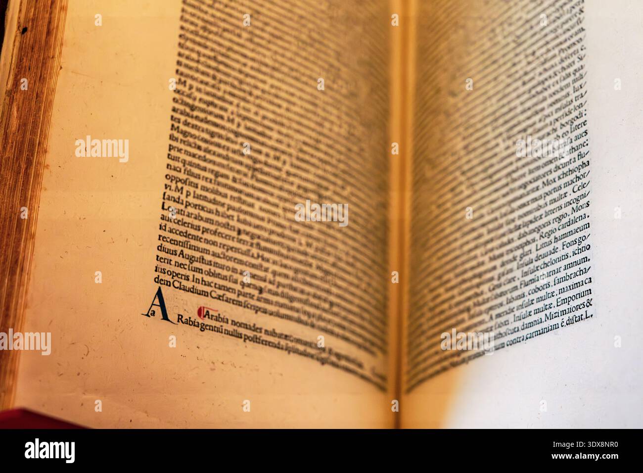 6 dicembre 2025, Zayed National Museum Abu Dhabi, Emirati Arabi Uniti: Vista ravvicinata di un libro antico con pagine invecchiate, che rivela testi storici latini Foto Stock