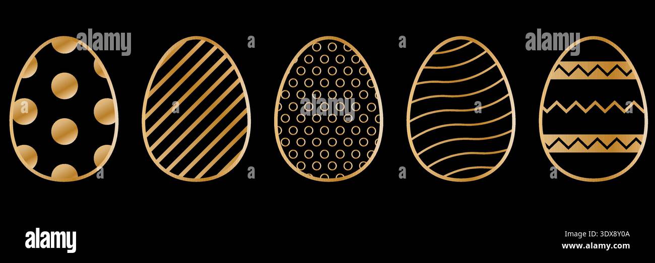 Set di uova di pasqua dorate decorative con motivi diversi su sfondo scuro per una felice festa primaverile. Elegante illustrazione vettoriale per il saluto Illustrazione Vettoriale