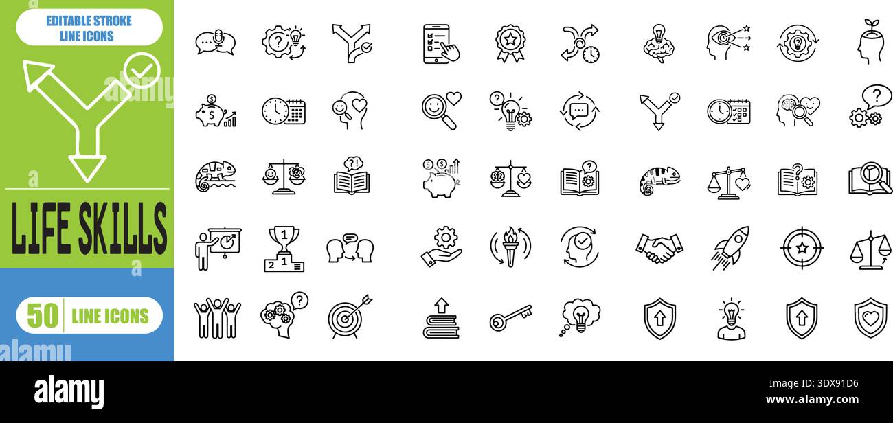 Icone concettuali di Life Skills impostate in stile moderno per interfaccia utente, ux, sito Web, web, app graphic design Illustrazione Vettoriale