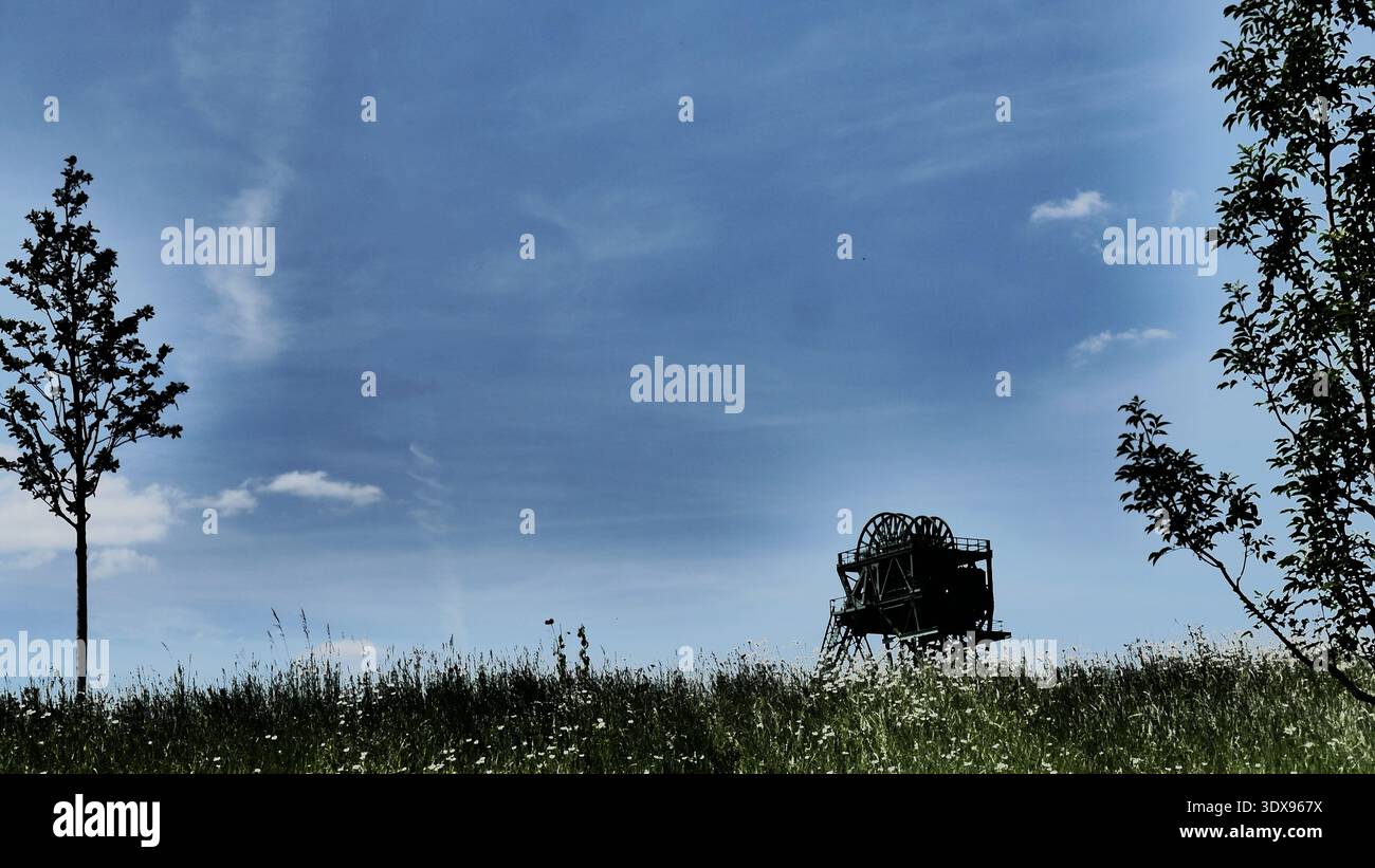 Testa di una tortuosa torre di una miniera di carbone, coperta da una collina ricoperta di erba e piantata con alberi sparsi, cielo leggermente nuvoloso. Espressionista Foto Stock