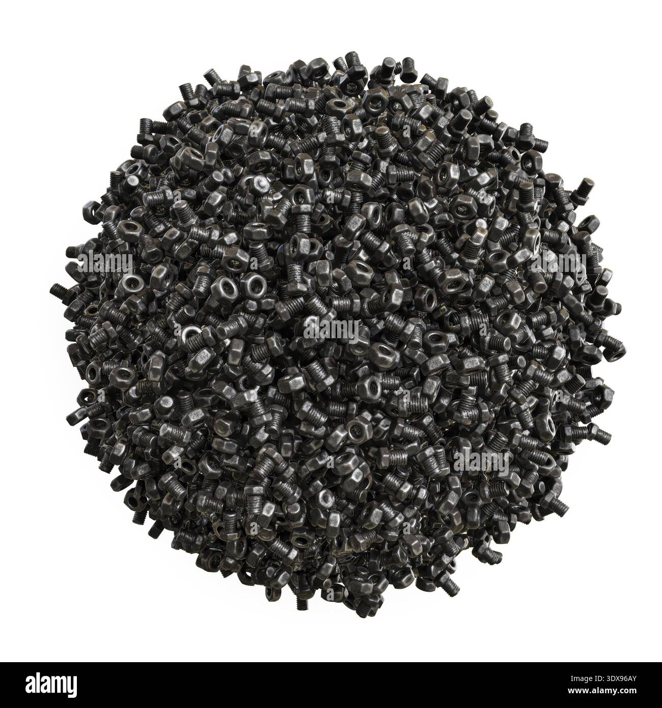rendering 3d di dadi e bulloni in acciaio che formano una sfera su sfondo bianco Foto Stock