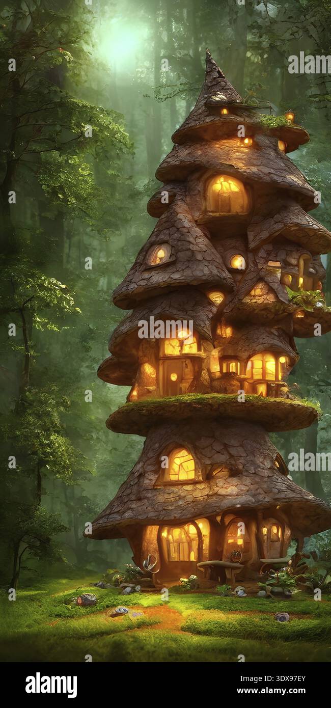3d rendering di capanna fiabesca a forma di fungo a più piani in foresta magica Foto Stock