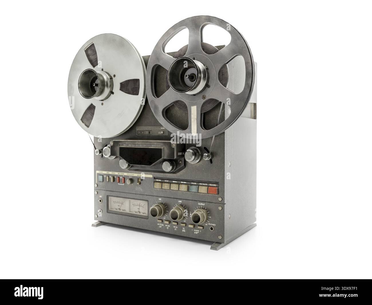 3D rendering di un registratore a nastro vintage reel-to-reel su bianco Foto Stock