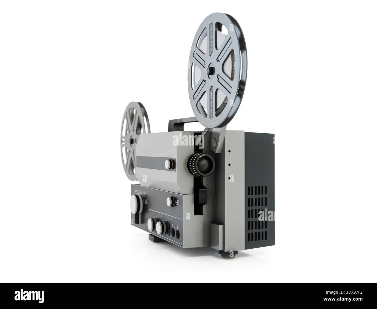 Rendering 3D di un proiettore di film vintage su bianco Foto Stock