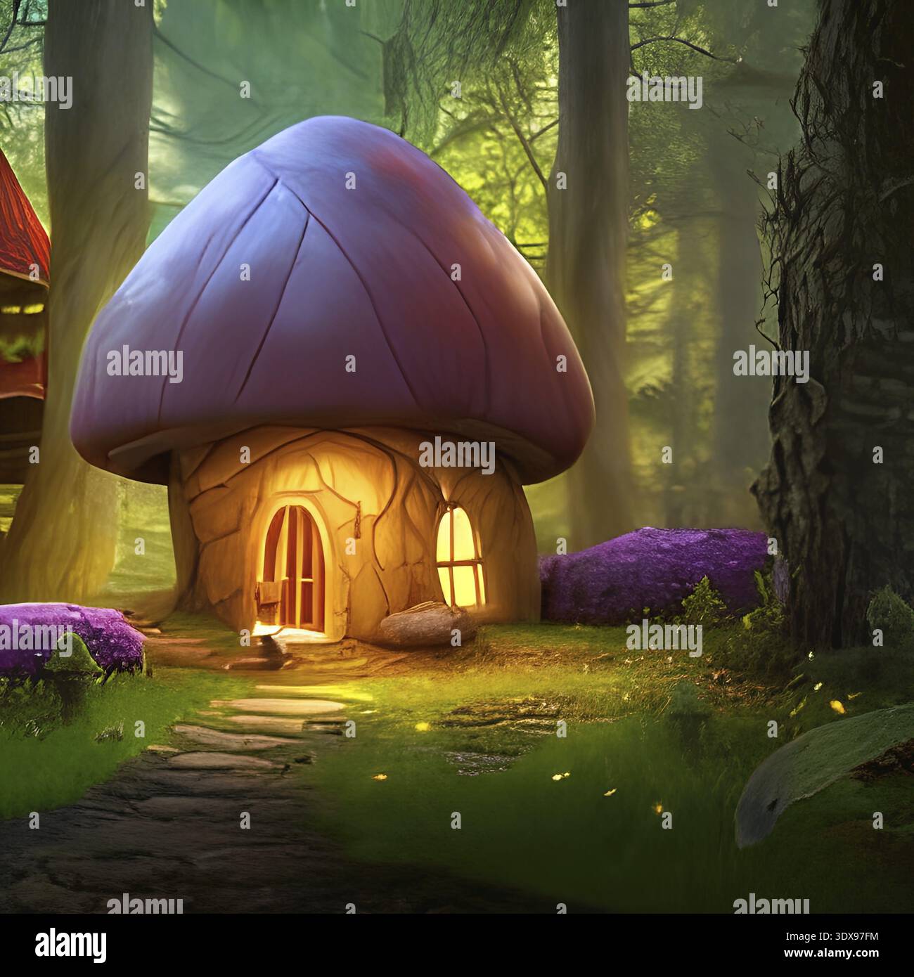 rendering in 3d di un piccolo cottage fiabesco a forma di fungo nella foresta magica Foto Stock