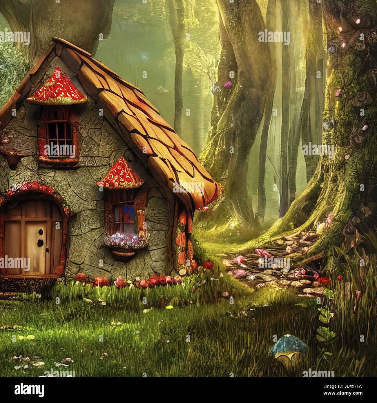 3d rendering di fiaba piccolo cottage in foresta magica Foto Stock