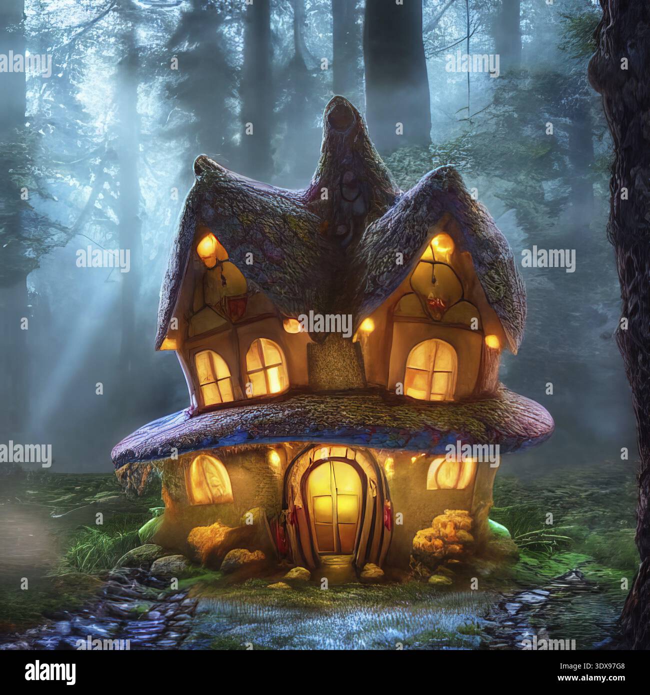 3d rendering di un piccolo cottage favoloso in foresta magica Foto Stock