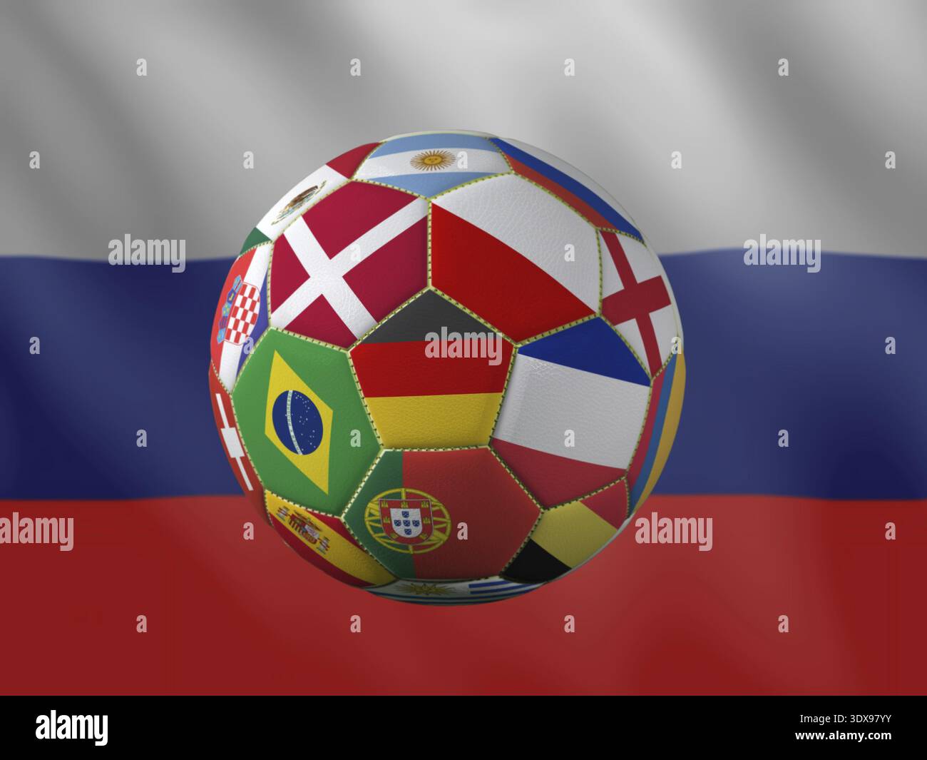 Rendering 3D di palla da calcio con bandiere nazionali che rappresentano i principali paesi qualificati per il torneo di calcio internazionale russo 2018 contro R. Foto Stock