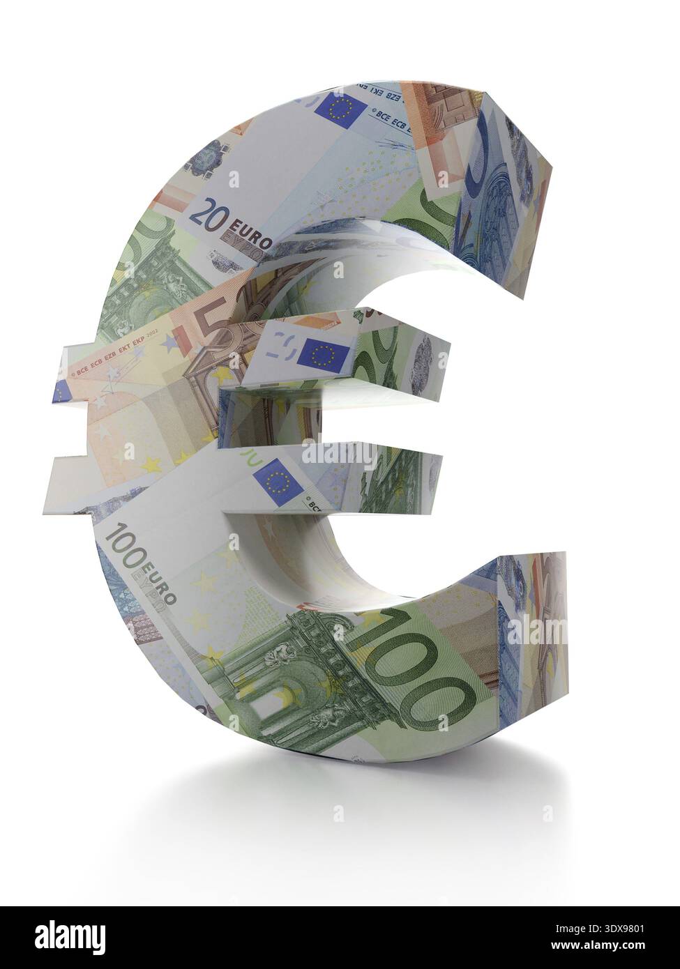3D rendering del simbolo della valuta Euro avvolto intorno con le banconote in euro su sfondo bianco Foto Stock