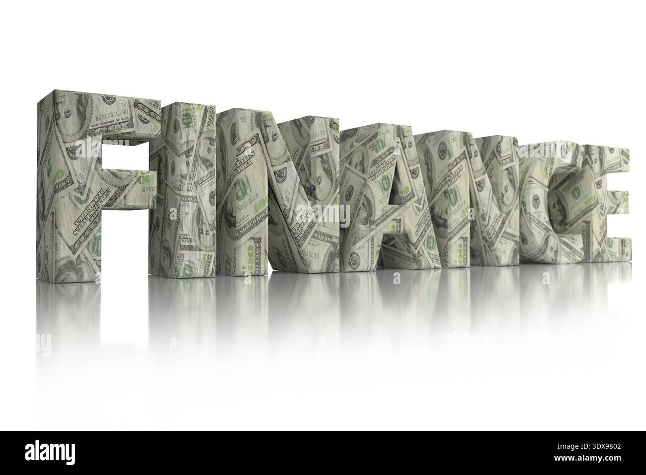 3D rendering delle finanze parola avvolto intorno a 100 USD banconote su sfondo bianco Foto Stock