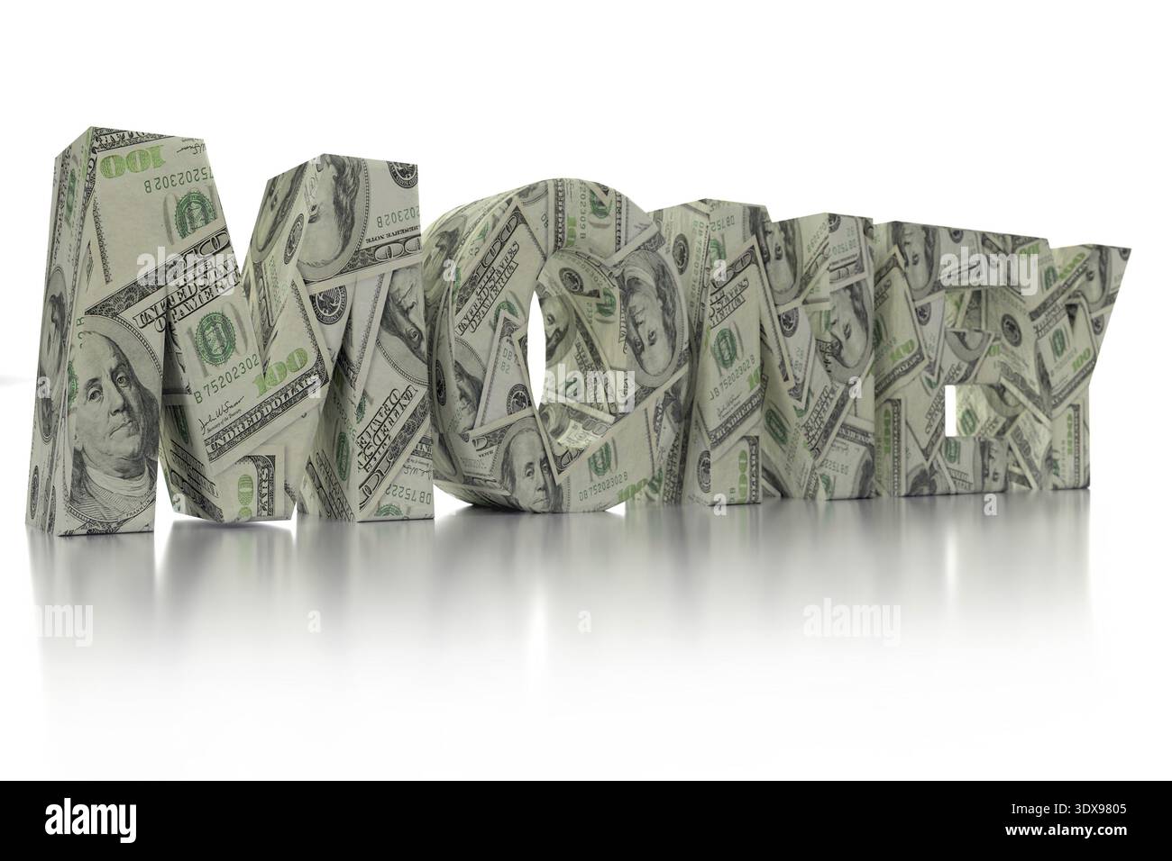 3D rendering della parola denaro avvolto intorno a 100 USD banconote su sfondo bianco Foto Stock
