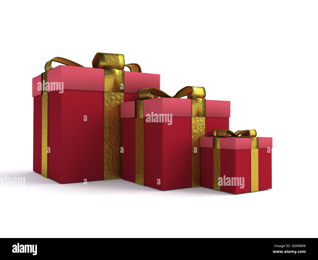3D rendering di tre rossi xmas attuali box su sfondo bianco Foto Stock