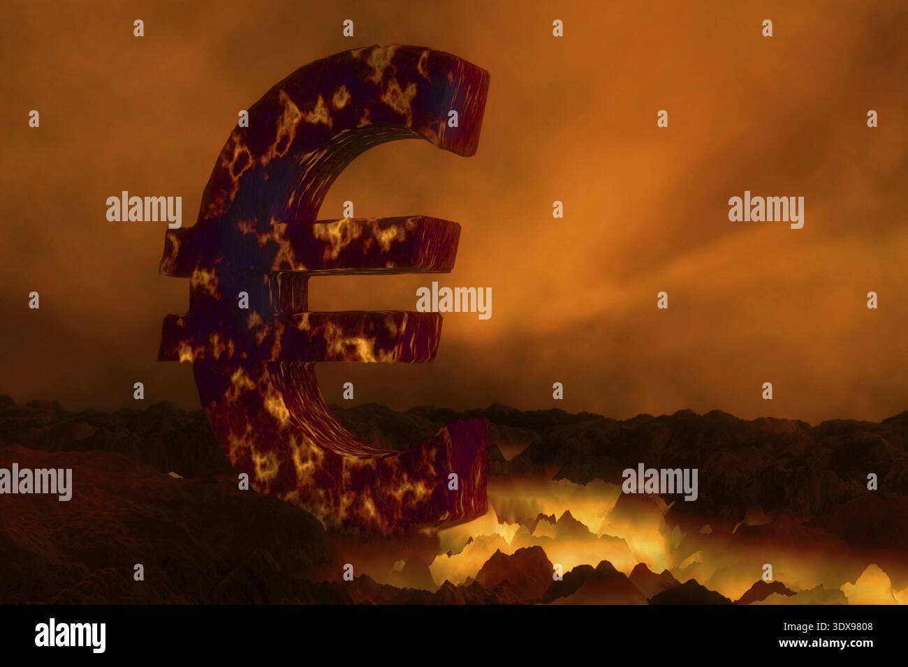3D rendering del simbolo della valuta Euro bruciature sulla superficie di lava oltre il cielo arancione Foto Stock