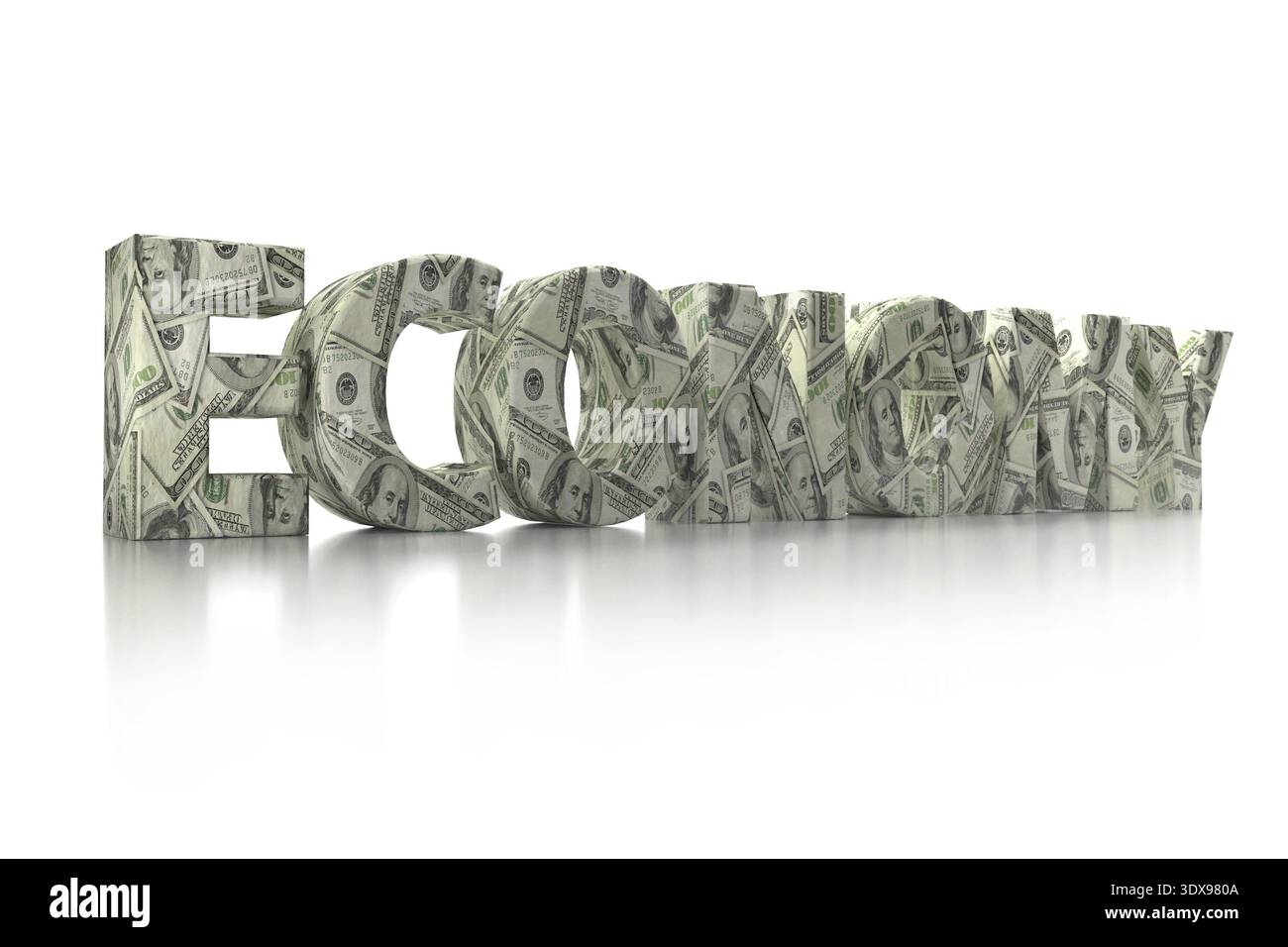 3D rendering di economia parola avvolto intorno a 100 USD banconote su sfondo bianco Foto Stock