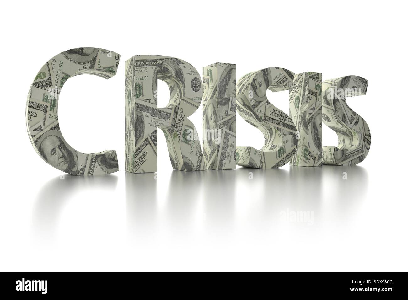 3D rendering della parola crisi avvolto intorno a 100 USD banconote su sfondo bianco Foto Stock