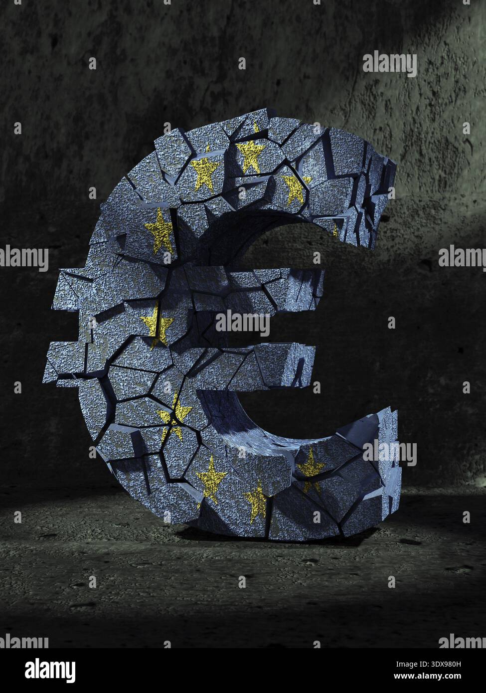 3D rendering di fractured simbolo valuta euro avvolto intorno con la bandiera dell'UE su sfondo grigio scuro Foto Stock