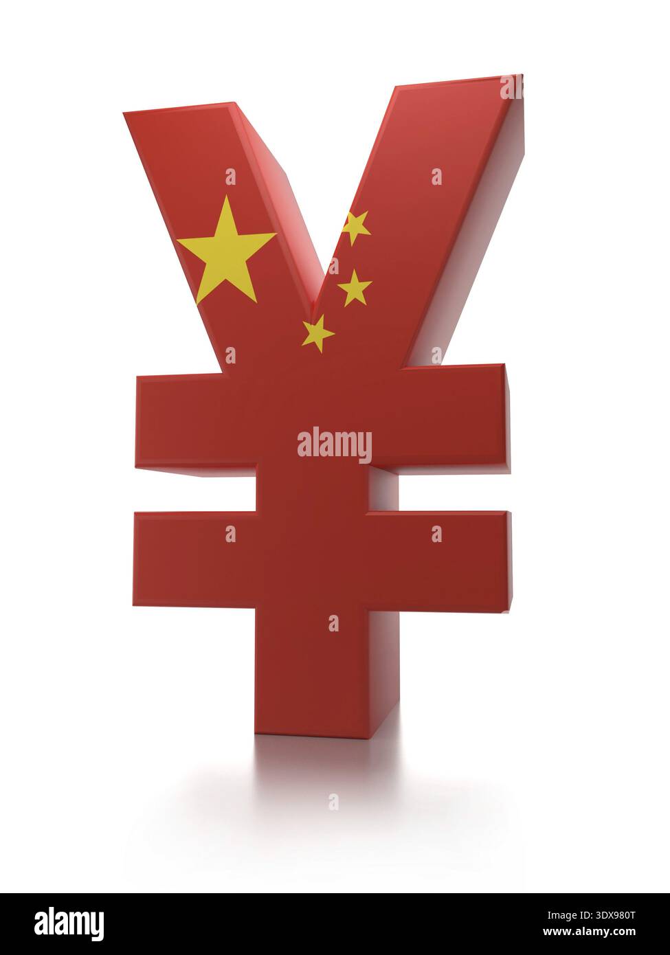 3D rendering di yuan cinese il simbolo di valuta avvolto intorno con bandiera cinese su sfondo bianco Foto Stock