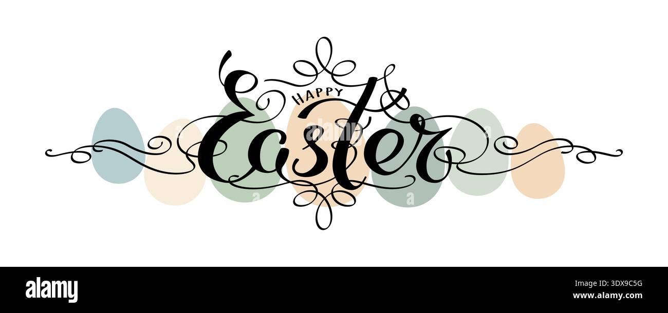 Buona pasqua scritta a mano, tipografia. Cartolina di auguri di buona pasqua scritta a mano. Sfondo bianco con simbolo nero. Uova multicolore Illustrazione Vettoriale