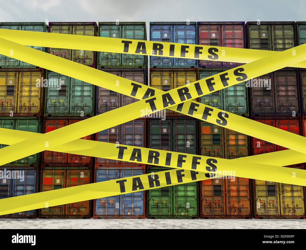 rendering 3d dei contenitori di spedizione impilati dietro il nastro tariffario giallo, simboleggiando le restrizioni commerciali internazionali e le implicazioni economiche Foto Stock