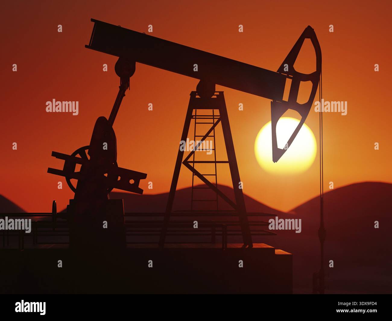 3d rendering della silhouette del martinetto di pompaggio dell'olio di lavoro contro il tramonto Foto Stock